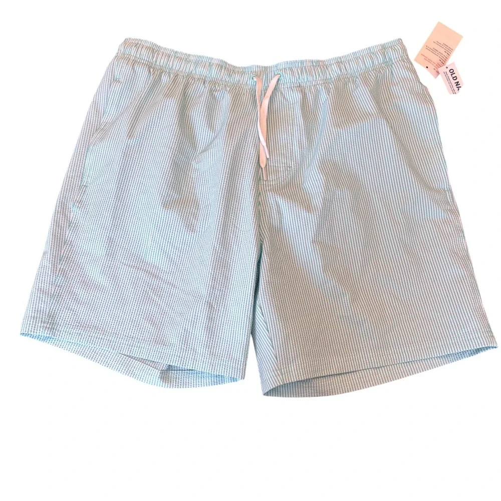 NEW | Old Navy | Mens L‎ | Blue&White Seersucker Striped Swim Trunks UPF 40